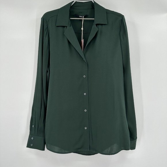 Quince Tops - Quince Forest Green Stretch Silk Notch Collar Blouse sz S Long Sleeve Shirt NWT